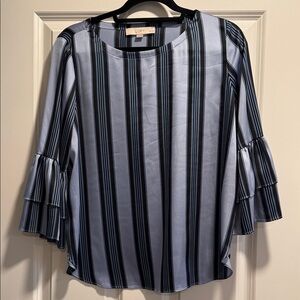 LOFT Women's Blue and Black Striped Ruffle Sleeve Blouse